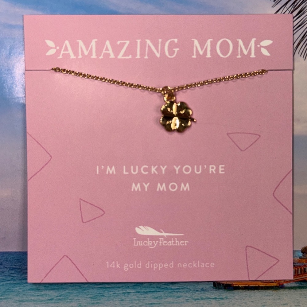 Lucky Feather Amazing Mom 14k Gold Dipped Four Leaf Clover Necklace SPR-M-LUCKY